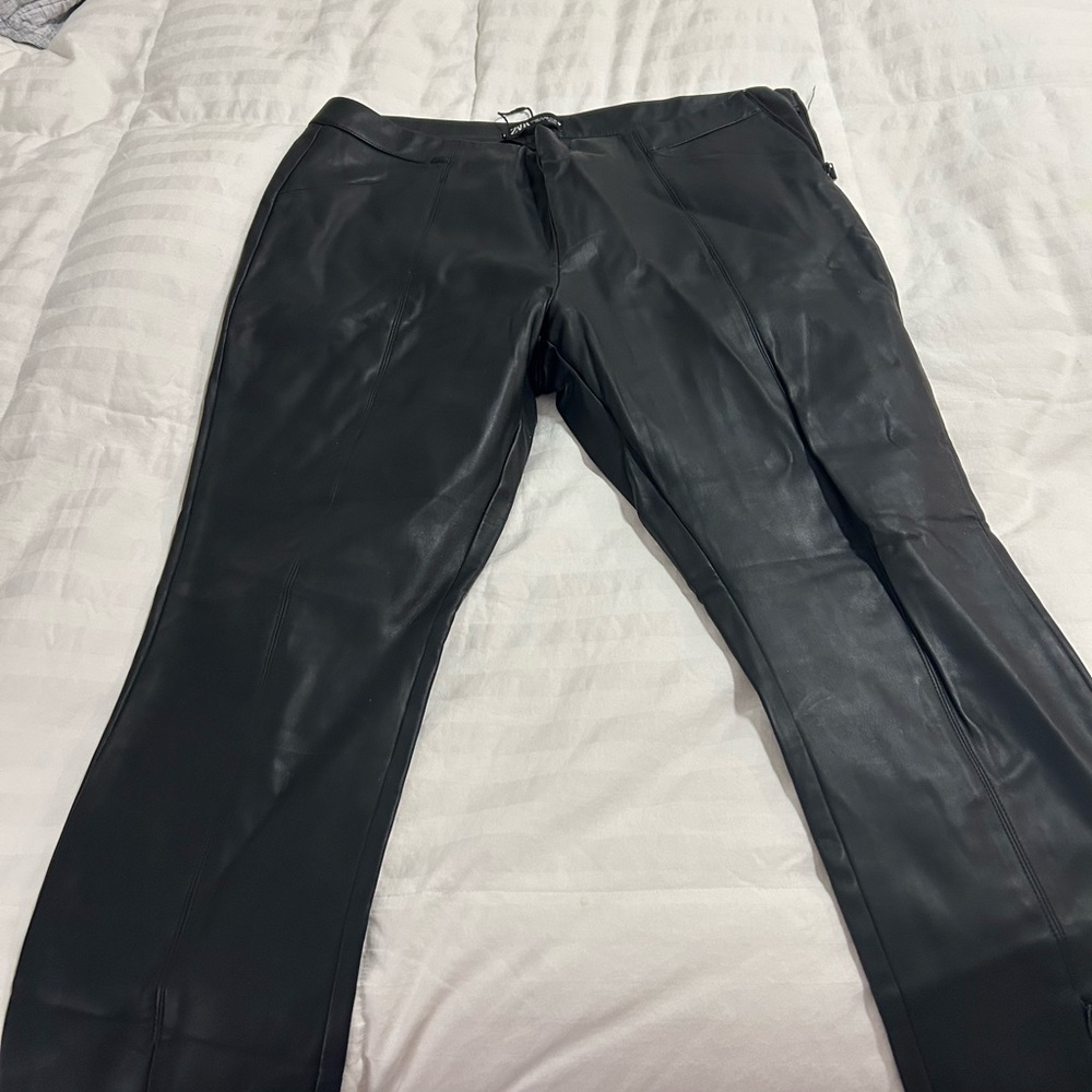 Zara Black Faux Leather Boot-Cut Pants